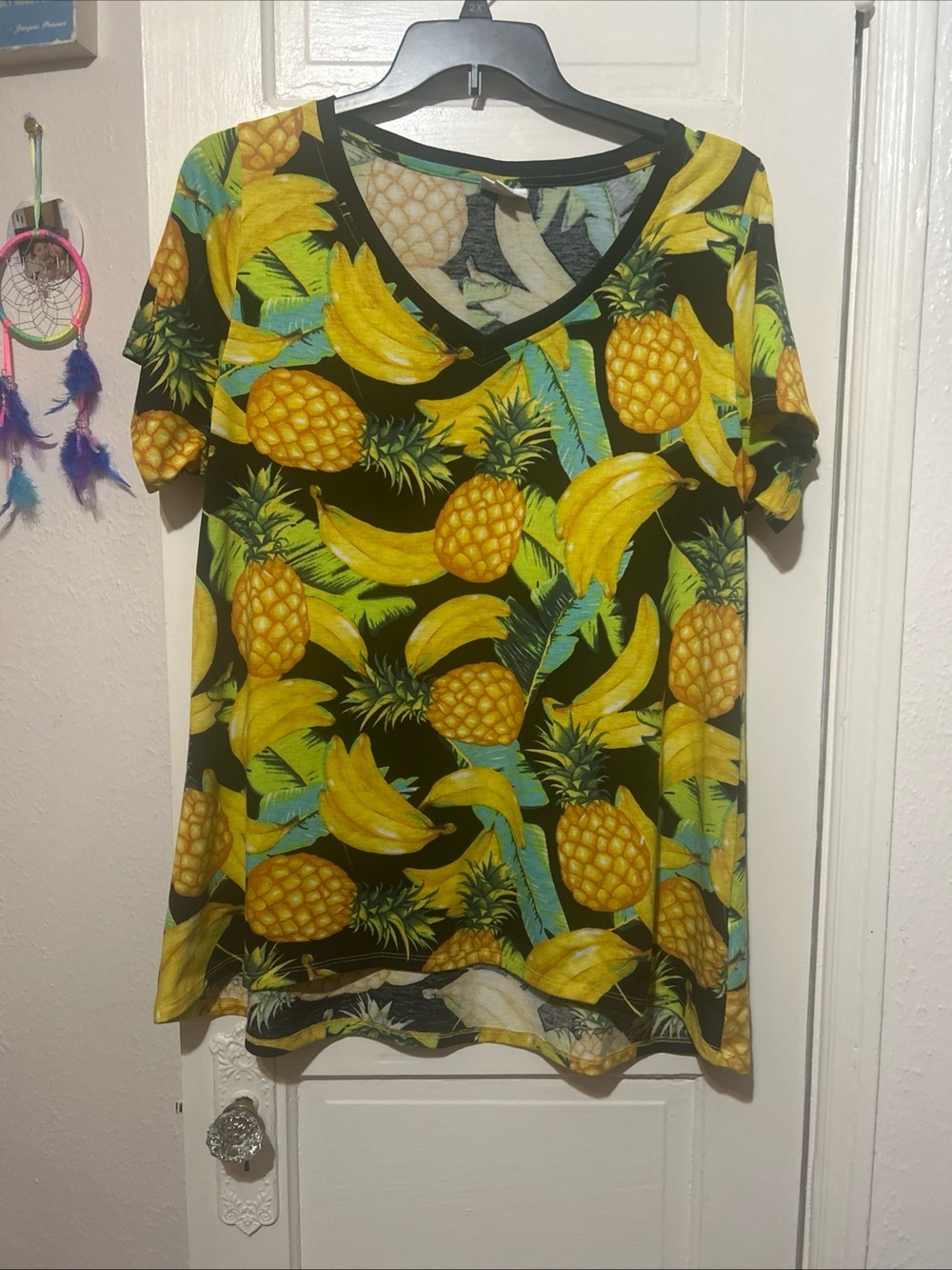LuLaRoe Black V-Neck Tee with Yellow Pineapple & Banana Print